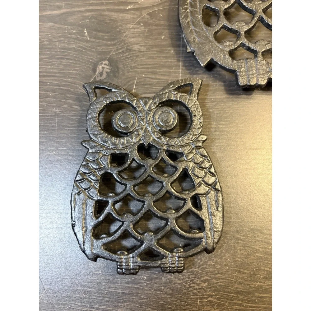 Vintage Set Of 3 Cast Iron Owl Trivets Hot Plates Taiwan Black 5